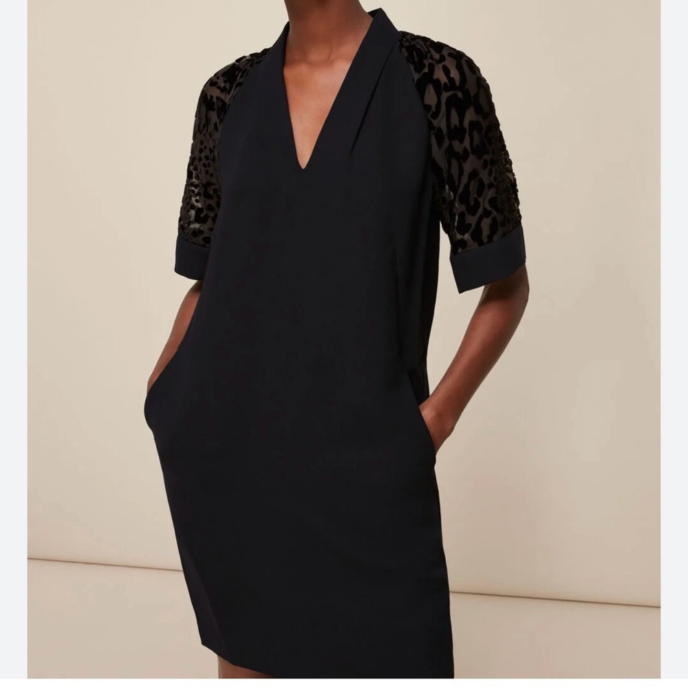 Whistles Black V-Neck Mini Dress with Lace Short Sleeves